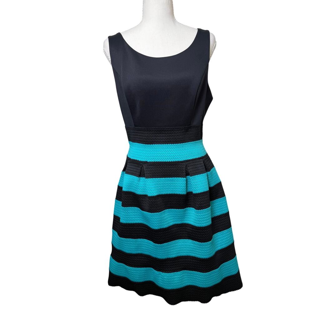 New York & Company Black Teal Striped Fit & Flare Dress